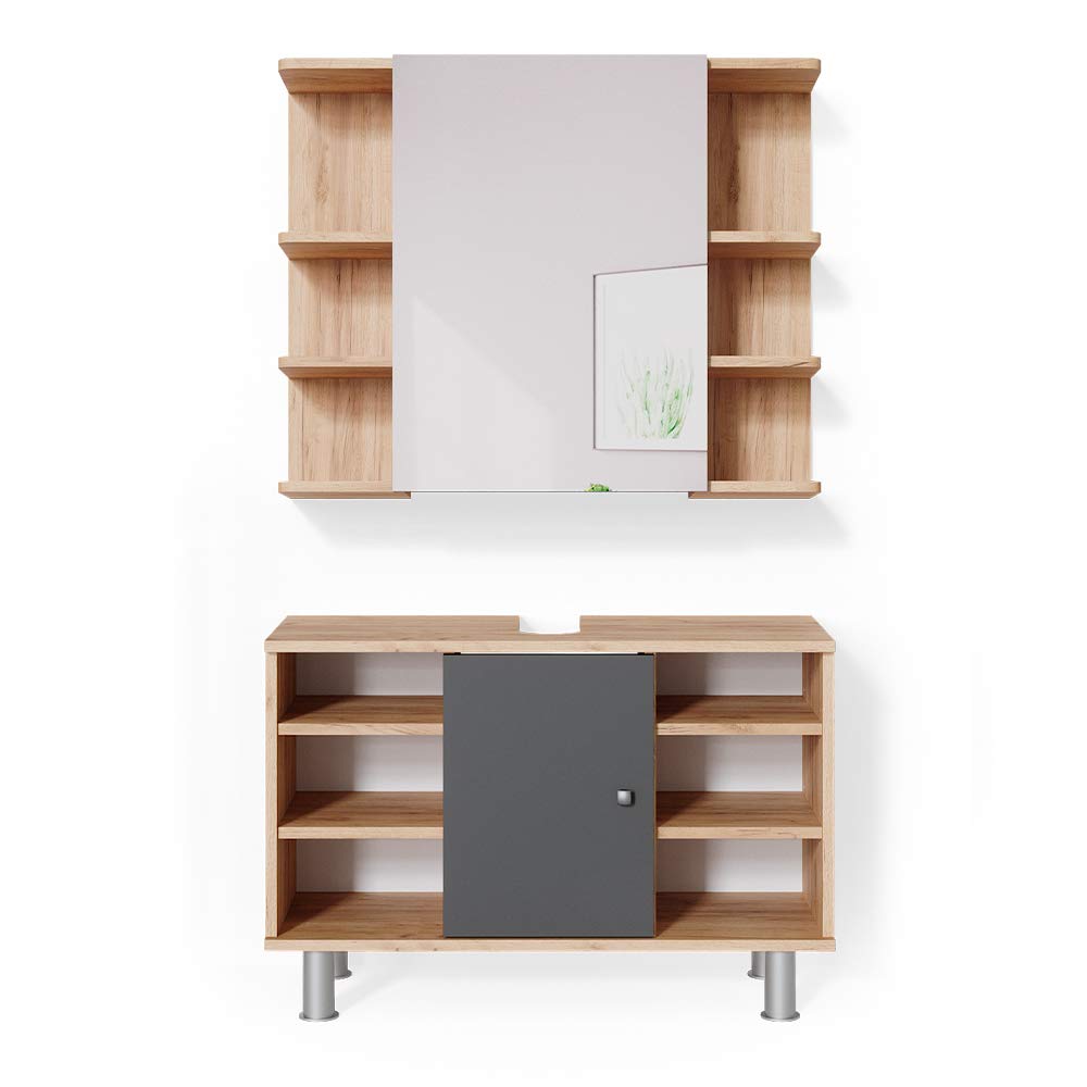 Vicco Set mobili bagno Fynn, Rovere dorato, 60 cm, composto da specchio da bagno e mobile sottolavabo