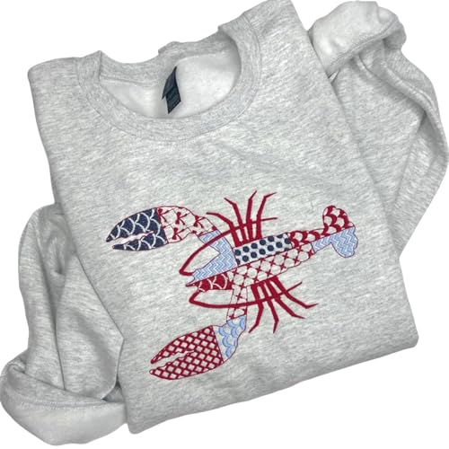 Lobster Patchwork Embroidered Sweatshirt – Nautical Summer Crewneck, Patriotic USA Coastal Shirt, Lightweight Embroidered Beach Pullover for Women & Men Multi