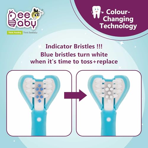 Image of BeeBaby Triple Angle Brush Buddy Toothbrush for Kids 3-6 Years. Suction Cup, 3 Side Super Soft Time to Change Indicator Bristles Ideal for Milk & Permanent Teeth. 100% BPA Free. Blue