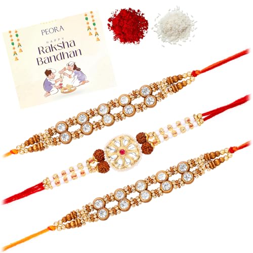 Image of Peora Rakhshabandhan Thread Rakhi for Brother Bhaiya | Crystals & Kundan Studded | Combo, Set of 3 | Rakhi Hamper with Roli Chawal & Greeting Card