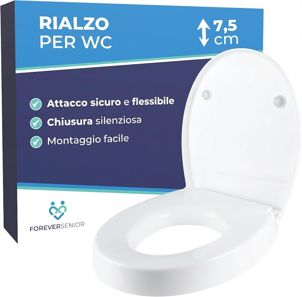 Rialzo WC 7,5 cm – Alzawater con Coperchio e Chiusura Ammortizzata Soft Close, Alzasedia WC Ergonomico per Anziani e Disabili, Montaggio Facile e Antiscivolo