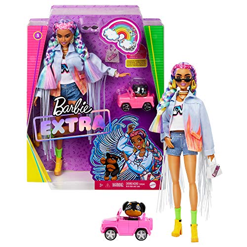 Barbie GRN29 - Extra Puppe mit geflochtenem Regenbogen-Zopf, langer Jeans-Jacke, Hündchen, Regenbogenzöpfen…