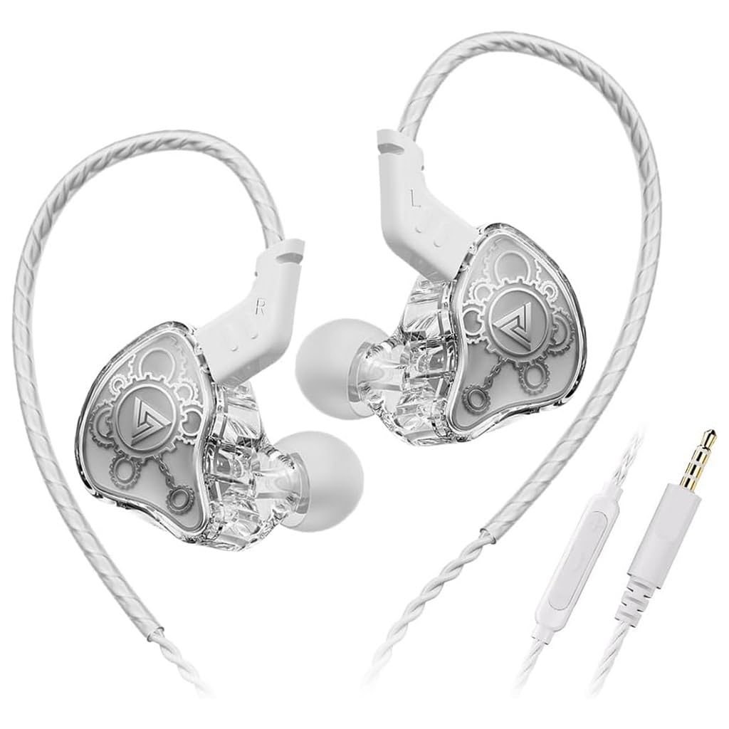 concept kart qkz hi7t in-ear monitor with mic, 10mm dynamic driver for hi-res audio, polymer composite diaphragm, 3.5mm ofc cable with hd mic for gamers, wired iem for audiophiles & musicians (white)