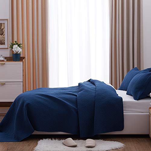 SunStyle Home Quilt Set Full/Queen Size,Dark Blue Diamond Pattern Bedspread-90 x96, Soft Lightweight Microfiber Coverlet, Luxurious Warm Bed Cover for All Seasons-3 Pieces(1 Quilt, 2 Pillow Shams)