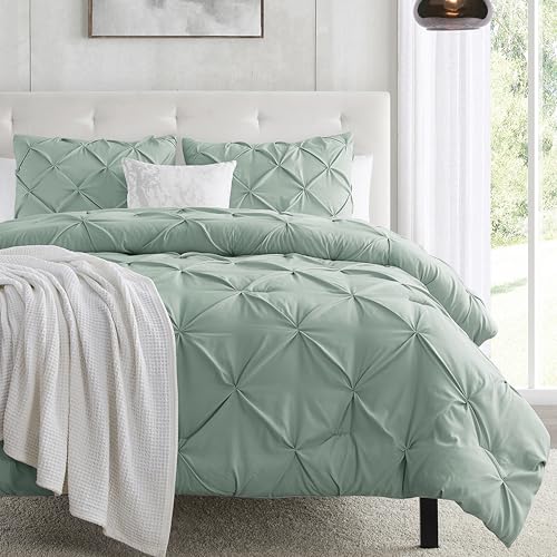 Image of Nestl Sage Green Duvet Cover King Size - Soft Double Brushed Duvet Set with Button Closure & Corner Ties, 3 Piece Luxurious Pinch Pleated Duvet Cover Set 104x90 Inches with 2 Pillow Shams