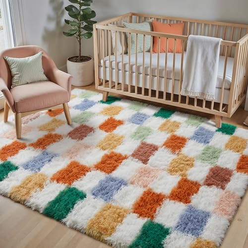 HUGEAR Kariert Flauschig Teppich Wohnzimmer 120x180 Teppiche Multicolore Weiß Shaggy rutschfest Kinderzimmer Mädchen Junge Carpet Schlafzimmer Hochflor Weich Groß Carpets Multicolore 120 x 1