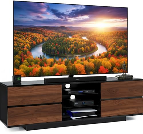 Centurion Avitus Gloss Black with 4-Walnut Drawers & 3-Shelf 32"-65" LED/LCD/Plasma Cabinet TV Stand