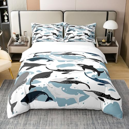 100% Cotton Whale Comforter Cover Queen, Marine Life Duvet Cover for Kids Boys Girls, Kawaii Cartoon Sea Animal Quilt Cover, Underwater Mammal Bedding Set, Dolphin Killer Whale Decor Bedspread Cover