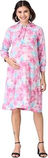 The Mom Store Maternity and Nursing Winter Hoodie Dress | Cotton Terry | Feeding Zipper for Easy Feeding | Pre and Post Pr... Price In India