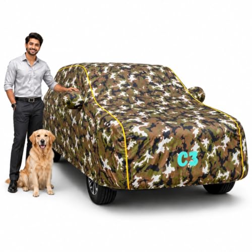 Image of Waterproof Car Cover for C3 | Soft Cotton Lining Heavy Duty Triple Stitched Heat Resistant Outdoor Cover Comes with Mirror and Antenna Pocket Full Bottom Elastic (Zig Zag Jungle)