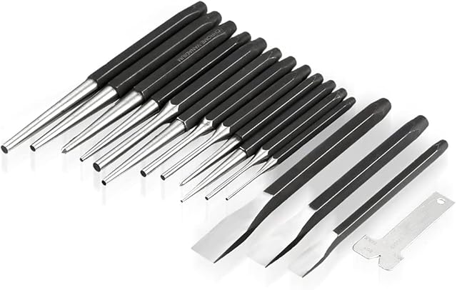 Mechanics Punches and Chisel Set, 16Pcs Pin Punch Center Punch Cold Chisel Punch Set, High Hardness Chrome Vanadium Steel Center Tapered Chisel Punch Set with Bag and Cold Gauge for Punching Work