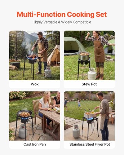 Image of VEVOR Single Burner Outdoor Propane Gas Stove, 100,000 BTU Propane LPG Gas Camping Stove, Heavy Duty Carbon Steel Outdoor Cooker, with Tall Stand & PSI Regulator, for BBQ Camp Home Patio RV Cooking