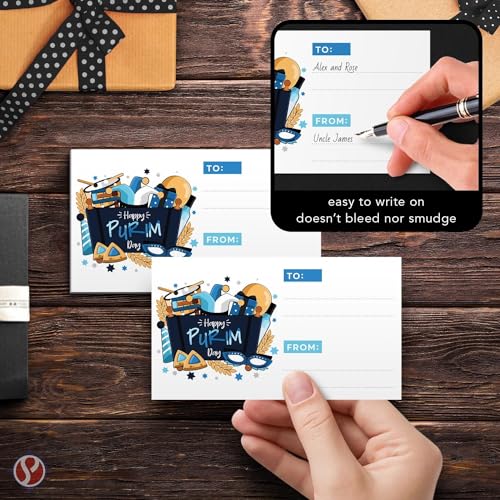 Image of Happy Purim Blank Gift Tags, 3.5 inch x 2 inch To From Jewish Holiday Religious Complimentary Greeting Note Cards for Gifts and Presents Wrapping - Business Card Size, Thick and Durable - 25 per Pack (Blue)