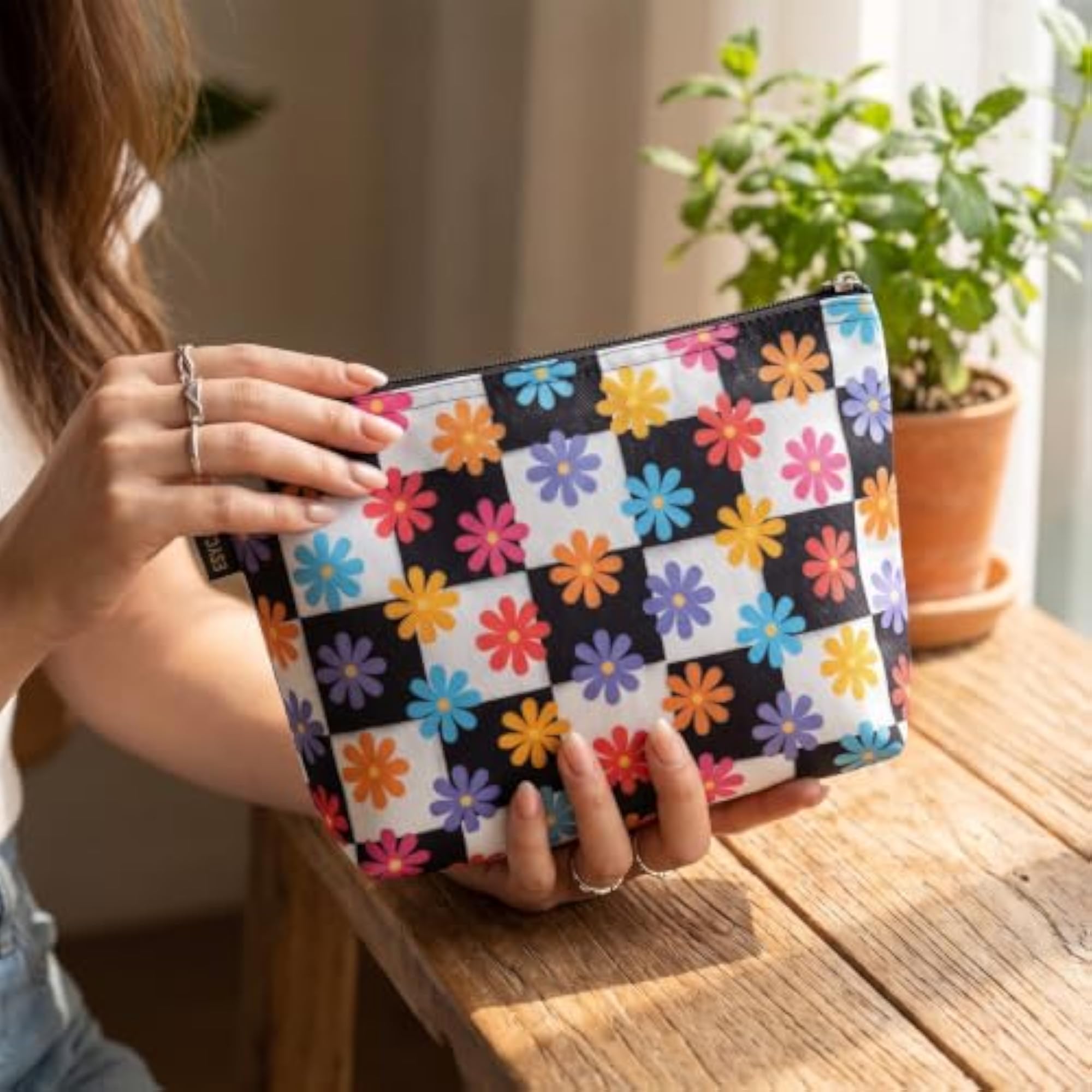 Black Retro Floral Checkerboard Canvas Makeup Pouch