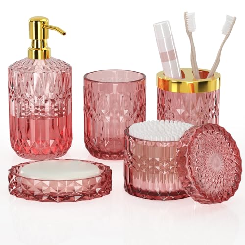 New Pink Glass Bathroom Accessories Set 5 Pcs, Pink Bathroom