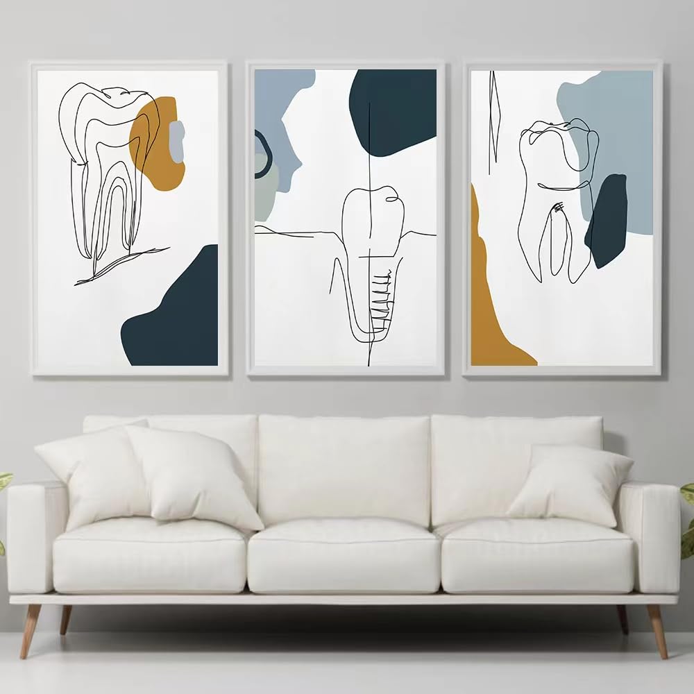 Lienzo decorativo para pared de clínica dental abstracta sin marco, 3 unidades, diseño moderno de dientes de clínica dental, cuadros e impresiones de pared para dentistas, oficina, baño de niños