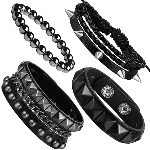 Sahoottie 4Pcs Studded Bracelets for Men Women 80s Emo Spike Grunge Punk Rock Leather Metal Cuff Bracelet Set Emo Jewelry Adjustable Halloween Accessories (Black Squares)