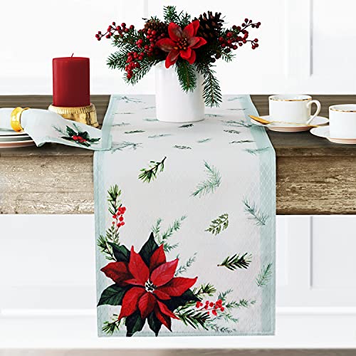 Lintex Holly Bough Stonewashed Border Traditional Christmas Fabric Table Runner, Poinsettia And Holly Sprig Sage. Bordered Xmas Holiday 70 Inch Long Table Runner #TOP4