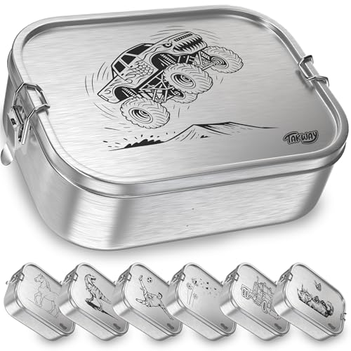 TAKWAY Edelstahl Brotdose Kinder mit Fächern 800ml | Auslaufsicher | Bento Box mit Unterteilung variabel | Jausenbox Brotbox Kindergarten Kita Schule (Monstertruck, 3-Fächer)
