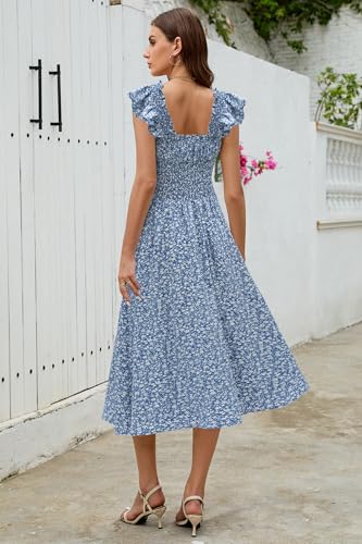 Image of Women's 2026 Spring Summer Floral Midi Dresses Square Neck Smocked Waist Beach Wedding Guest Long Flowy A Line Sundress