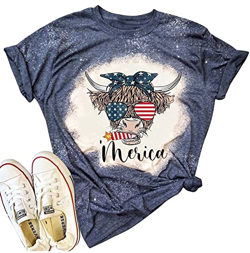 American Flag Cow Tshirt Women Vintage Bleached Patriotic Shirt Sunglass Stars Stripes Graphic Tees 4th of July Tops (XL Blue)