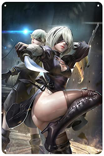 Metallschilder Sexy Anime Girl Schwert Poster Action Rolle Manga Cartoon Comic Blechschild Wandkunst Plakette Dekor für Zuhause Bar Pub Cafe Club Spielzimmer Schlafzimmer Kinder Fans Geschenk 20,3 x