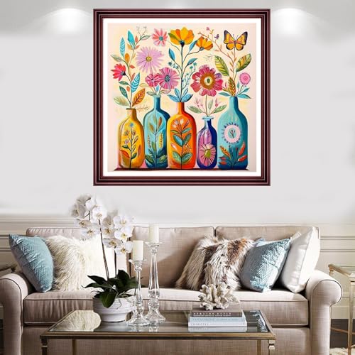 Image of Redxing Stamped Cross Stitch Kits Full Range of Embroidery Starter Kits- Needlepoint Counted Cross Stitch Kits for Beginner Adults 11CT Printed Embroidery Kit-Colorful Flower vase 18x18 inch