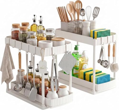 COLMO 2 Pack Organizador Bajo Fregadero 2 Niveles con Cajón Extraíble, Blanco, 15 x 14.3 x 7.8 pulgadas, 8 Ganchos Incluidos, Montaje sin Herramientas, Plástico ABS miniatura 1