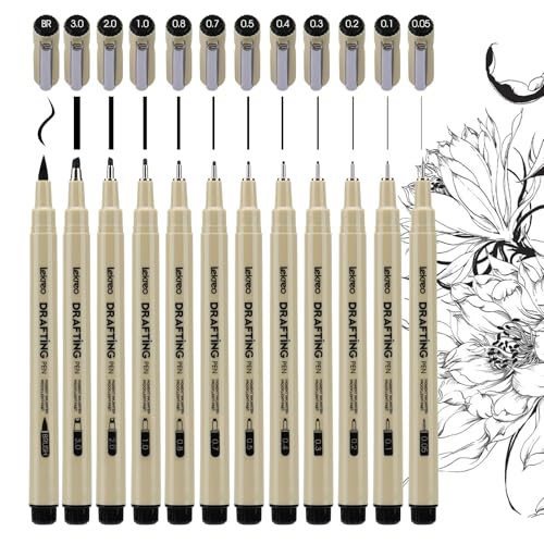 12-Piece Fineliner Pen, Assorted Point Sizes 0.05 to 3mm & Brush Pens, for Art, Writing & Bullet Journaling (12 Point Sizes)