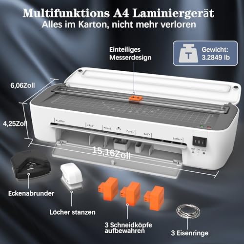 Thermolaminiergerät für A4-Größe, A4 Laminiergerät, 11 in 1 Thermolaminiergerät mit 36 Laminierfolien, Kalt-Heiß-Laminiergerät, 3 Schneideköpfe und integrierter Trimmer für Schule, Heim und Büro
