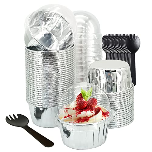 50 Pack Foil Cupcake Liners With Dome Lids,Lnyzqus 5.5 Oz Large Muffin Cups Cupcake Cups,Disposable Muffin Tins Foil Ramekins Pans Cupcake Wrappers Holders,Cupcake Baking Cups-Silver #TOP22