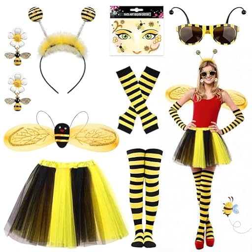Tccydm Disfraz Abeja Mujer Adulto, Conjunto con Falda de Tul, Alas, Diadema, Gafas, Guantes, Calcetines, Pendientes y Tatuaje Facial, Disfraz de Carnaval y y Cosplay Fiesta | Ya disponible en tu tienda friki favorita! En mundofriki.es!