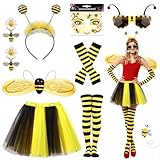 Tccydm Déguisement Abeille Femme, Costume d’Abeille Adulte avec Ailes, Tutu Jupe, Serre tête Antennes, Lunettes, Gants, Chaussettes, Autocollants et Boucles d’Oreilles, pour Carnaval Fête Cosplay
