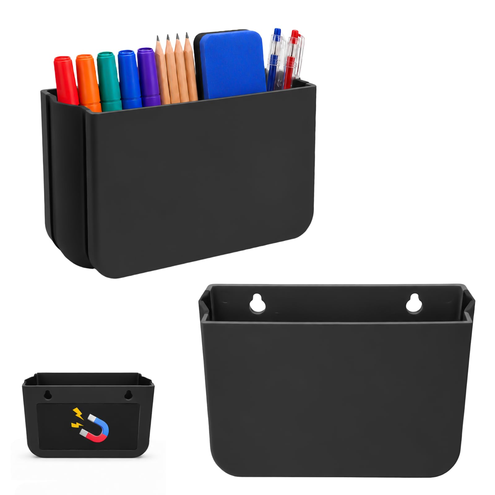 CAIXIANGYU 2 Magnetic Pen Holders with 2 Sponges - Whiteboard Accessories for Fridge & Magnetic Board (Black 1)