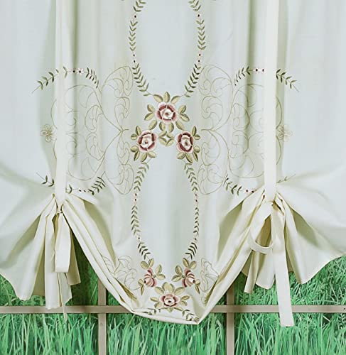 Today's Curtain Verona Reverse Embroidery Tie-Up Shade, 63", Ecru/Rose, 50" W X 63" L