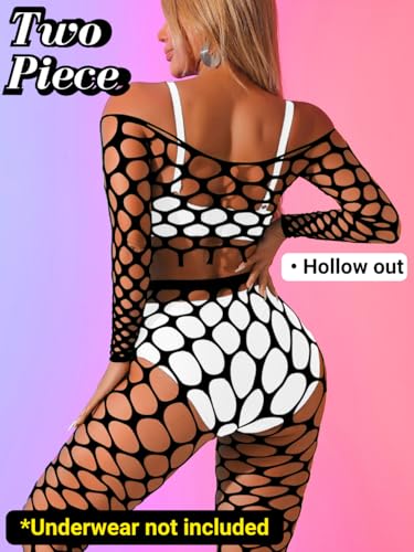 Kaei&Shi Sexy Fishnet Bodysuit Stockings,Hollow Out Rave Outfits,2 Piece Mesh Top Set,Club Outfit Exotic Dancewear3