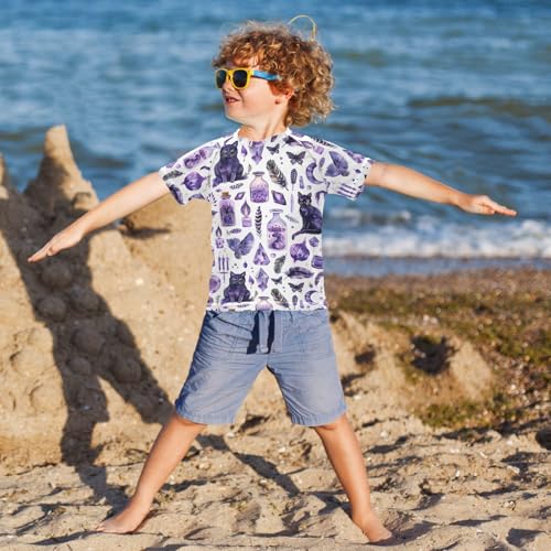 ALAZA Kids Rash Guard Boys Toddler Swim Shirts Short Sleeve Cat Purple UPF 50+ 3T4