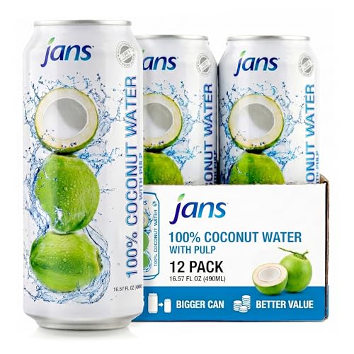 Jans 100% Coconut Water with Pulp, No Added Sugar, Natural Electrolyte Hydration Drink, Unsweetened Coconut Juice Beverage, 16.57 Fl Oz Cans (Pack of 12)