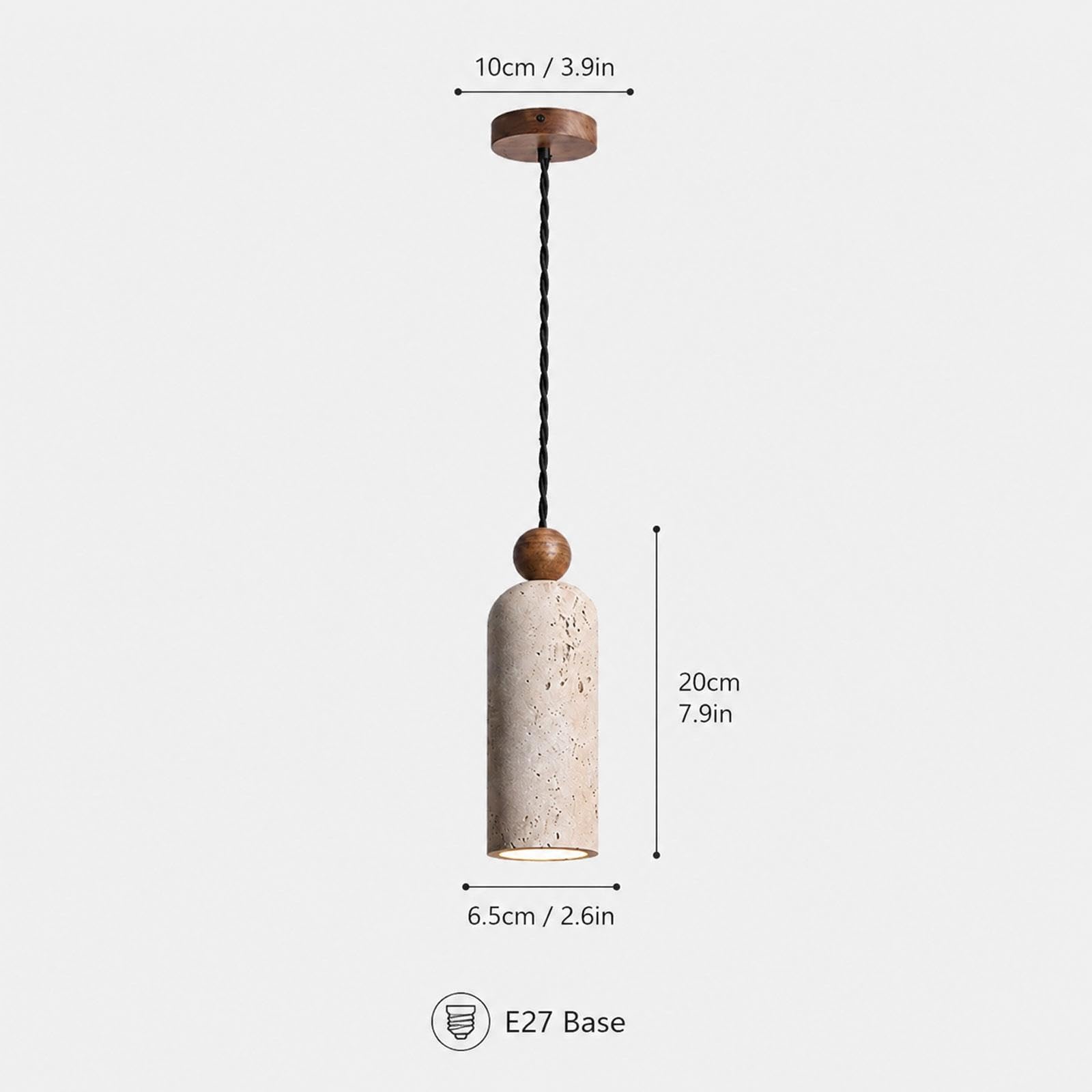 Lámpara colgante cilíndrica moderna de piedra con detalles en madera maciza