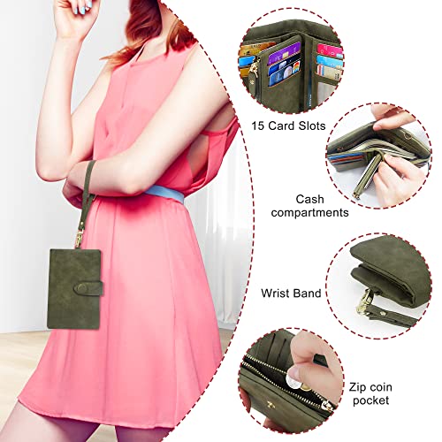 RFID Blocking Wallets for Women, Large Capacity Soft Leather Womens Small Wallet with Wrist Strap (Olive Green)2