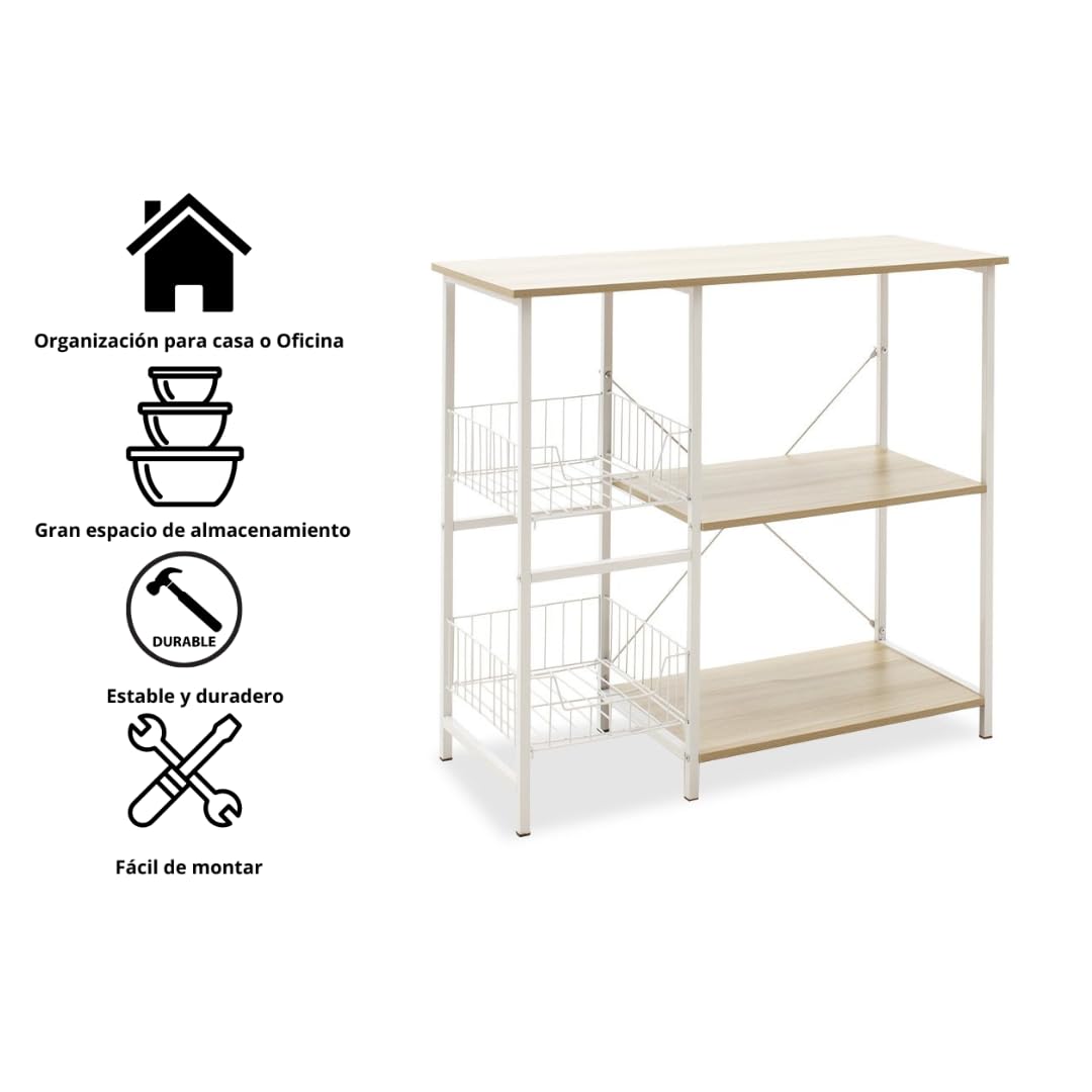 Meyvaser Estanteria de Cocina, Estantería para Microondas con 2 Cestas de Malla Metálica Blanca, 3 Estantes y Ganchos 80x34x75cm Color Madera y Blanco