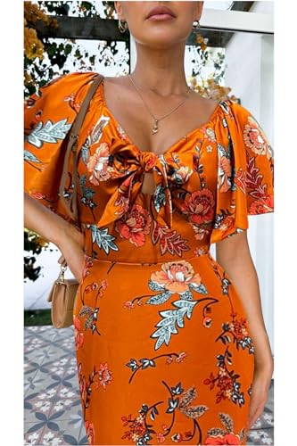 Image of Fashionme Womens Dresses 2026 Maxi Dresses Deep V Neck Elegant Bow Tie Front Cap Sleeve Summer Floral Satin Smocked Dress