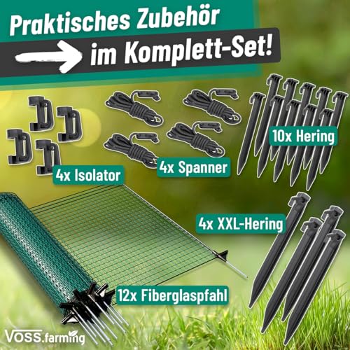 Foto von VOSS.farming 20m Gartennetz, Universal Begrenzungszaun, 80cm, 12 Pfähle, dunkelgrün, Hundezaun Campingzaun Beetschutz