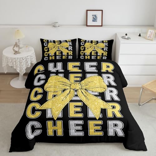 Image of Feelyou Cheer Bow Bedding Set Soft for Boys Girls, Glitter Cheerleader Comforter Set Twin Size Cheerleading Duvet Quilt Microfiber Sport Bedroom Decor 2 Pcs with 1 Pillow Cases