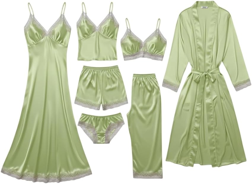 Valentine's Day Fancy Night Suit Bath Robe Dress & Bra Panty Set Combo for Women's Pack of 7 Pcs Nightwear Lingerie Silk Wedding Gifts Lace Nightsuit Set Light Green (Free Size)