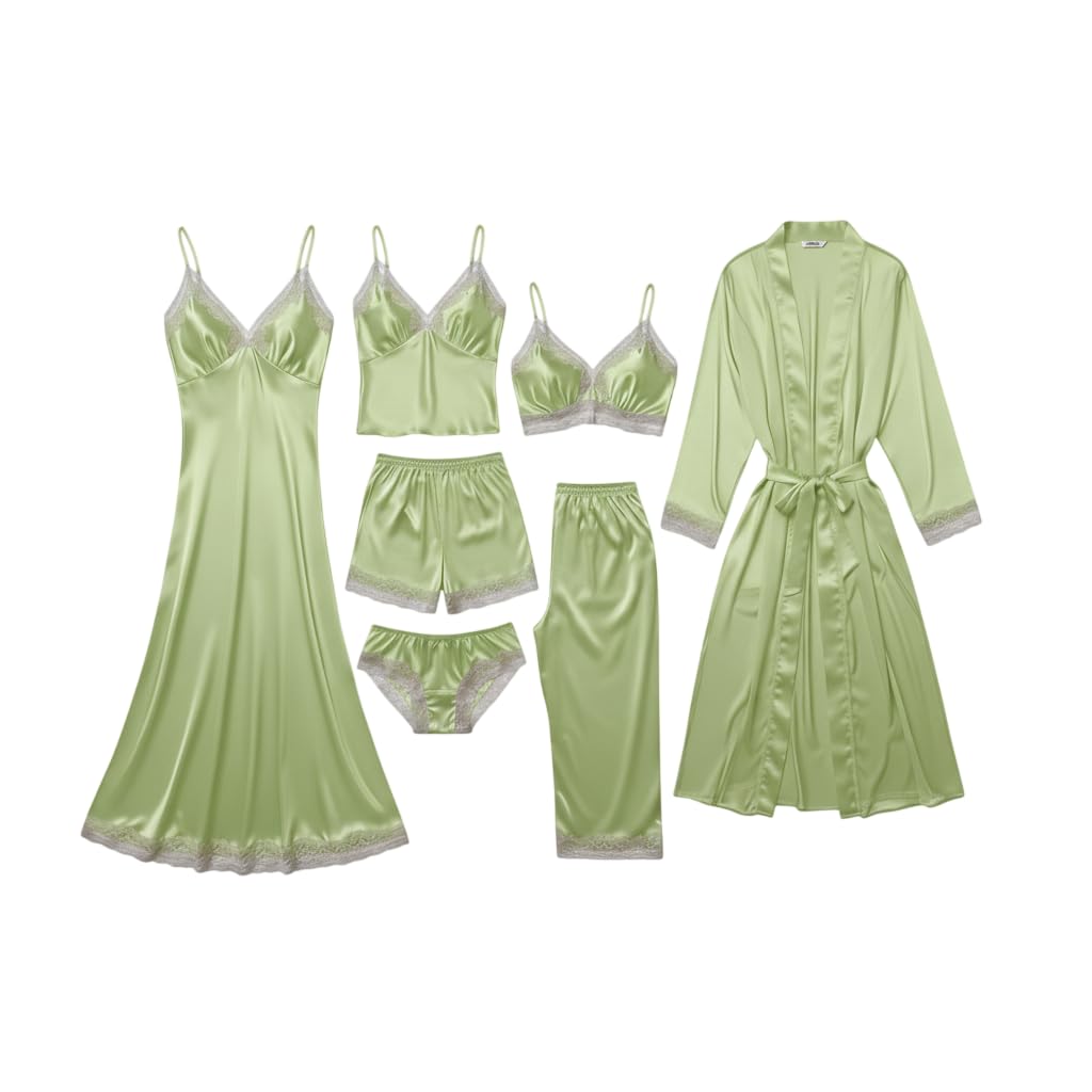 e - ezra Valentine's Day Fancy Night Suit Bath Robe Dress & Bra Panty Set Combo for Women's Pack of 7 Pcs Nightwear Lingerie Silk Wedding Gifts Lace Nightsuit Set Light Green (Free Size)-picture-37