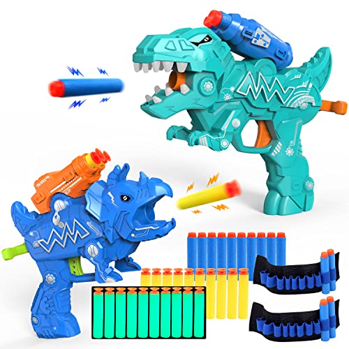 Dinosaur Toy Guns For Toddlers Age 3-5,Dino Blaster Toys For 3 4 5 6 7 8 Year Old Boys,2 Pack Foam Blasters Guns Cool Shooting Game T-Rex & Triceratop Toy With 30 Bullets Darts Birthday Gift For Boys #TOP2