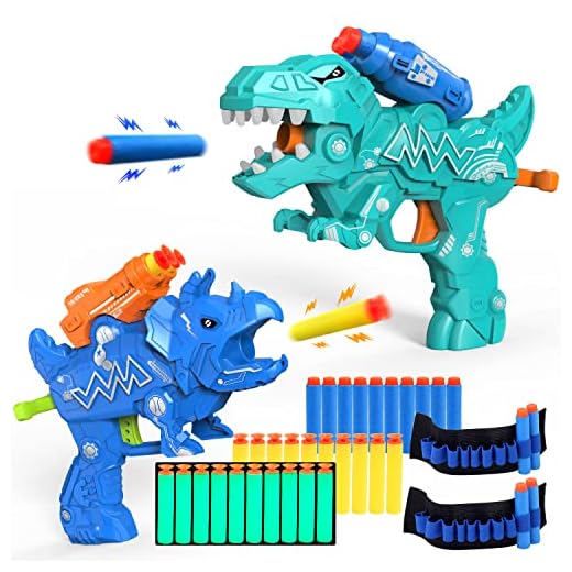 Dinosaur Toy Guns for Toddlers Age 3-5,Dino Blaster Toys for 3 4 5 6 7 8 Year Old Boys,2 Pack Foam Blasters Guns Cool Shooting Game T-rex & Triceratop Toy with 30 Bullets Darts Easter Gift for Boys