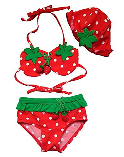 Ftsucq Little Girl Cute Strawberry Swimwear Bikini Swimsuit Hat 3-Piece Suit #TOP1