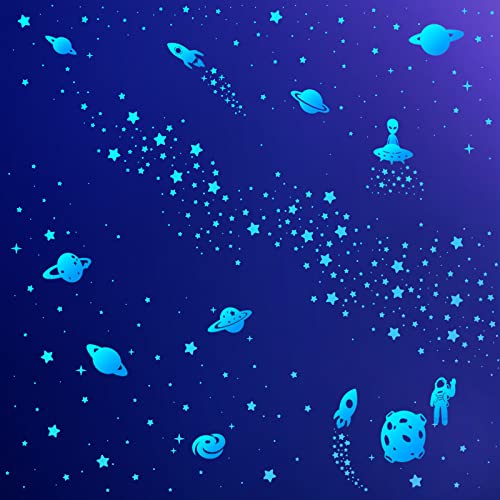 Glow In The Dark Stars For Ceiling, Solar System Wall Stickers For Kids, Planet Wall Decals, Glowing Stars, Space Decor For Boys Room, Galaxy Astronaut Rocket Spacecraft Alien Decoration (Blue) #TOP3